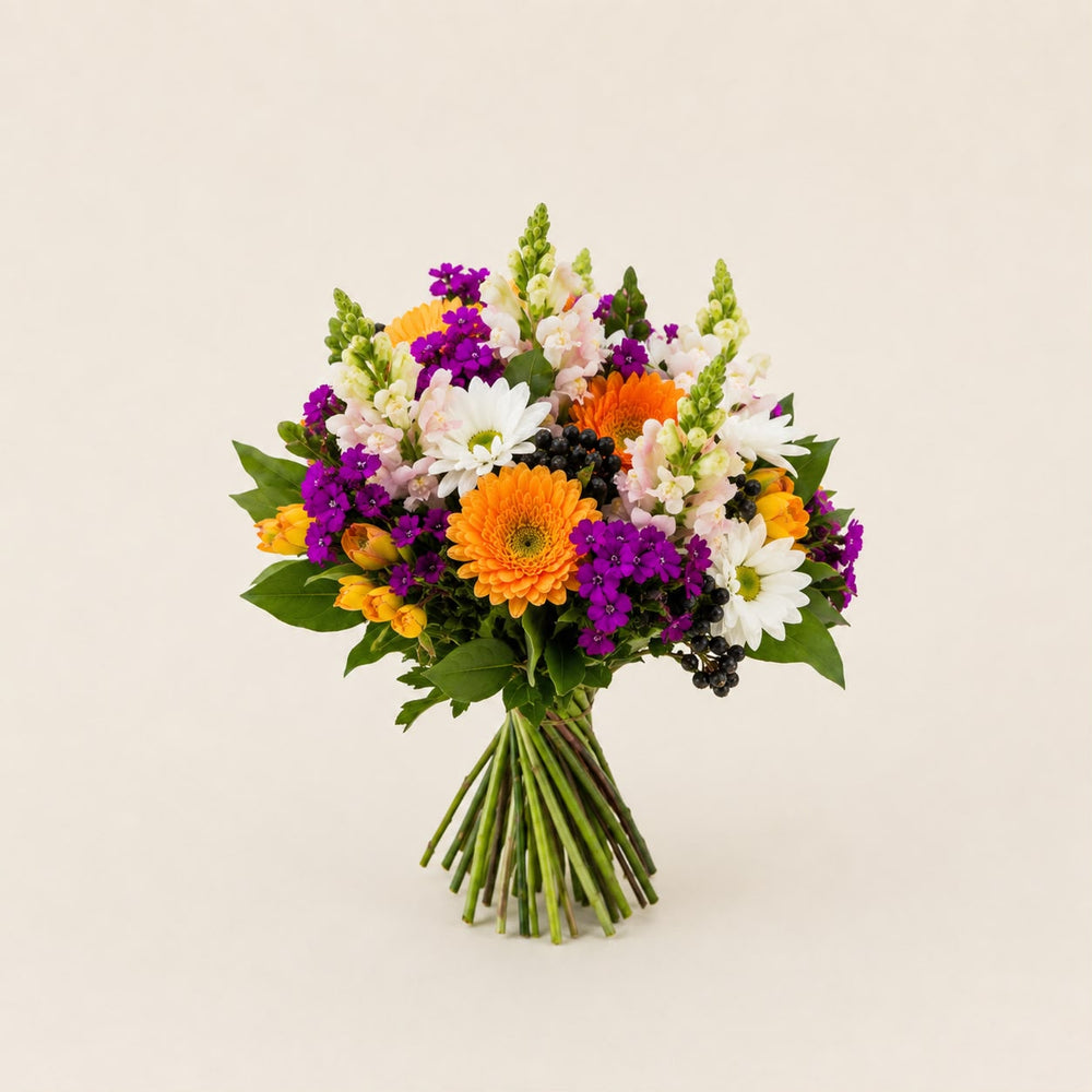 Turuncu Gerbera ve Mor Krizantem Buketi - Standart